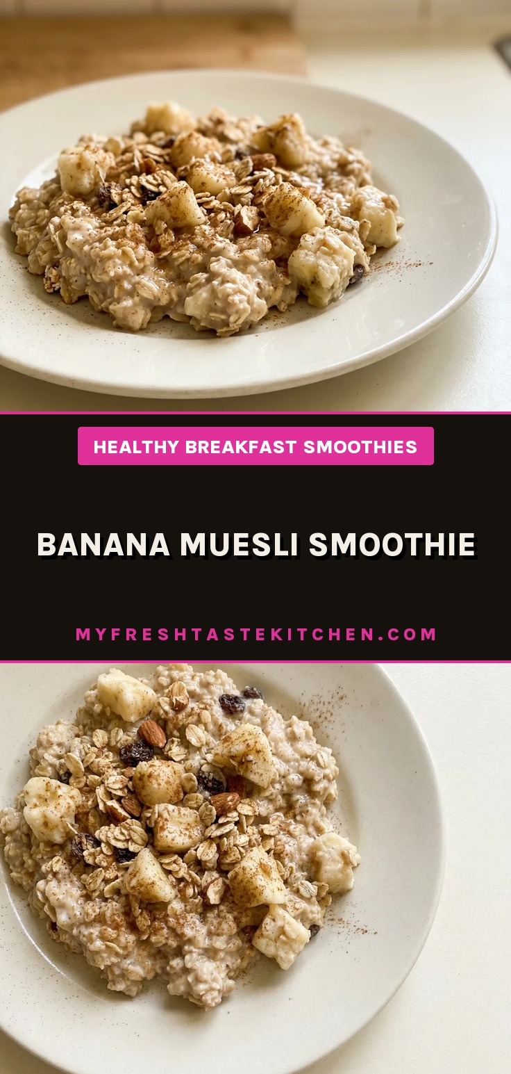 Banana muesli smoothie in a glass, creamy with cinnamon specks and muesli bits visible.