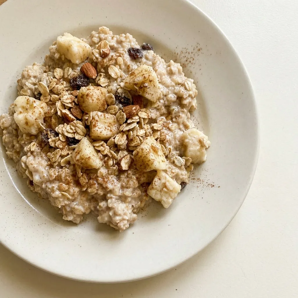 A serving of banana muesli smoothie topped with banana rounds, crunchy muesli, and a drizzle of maple syrup.