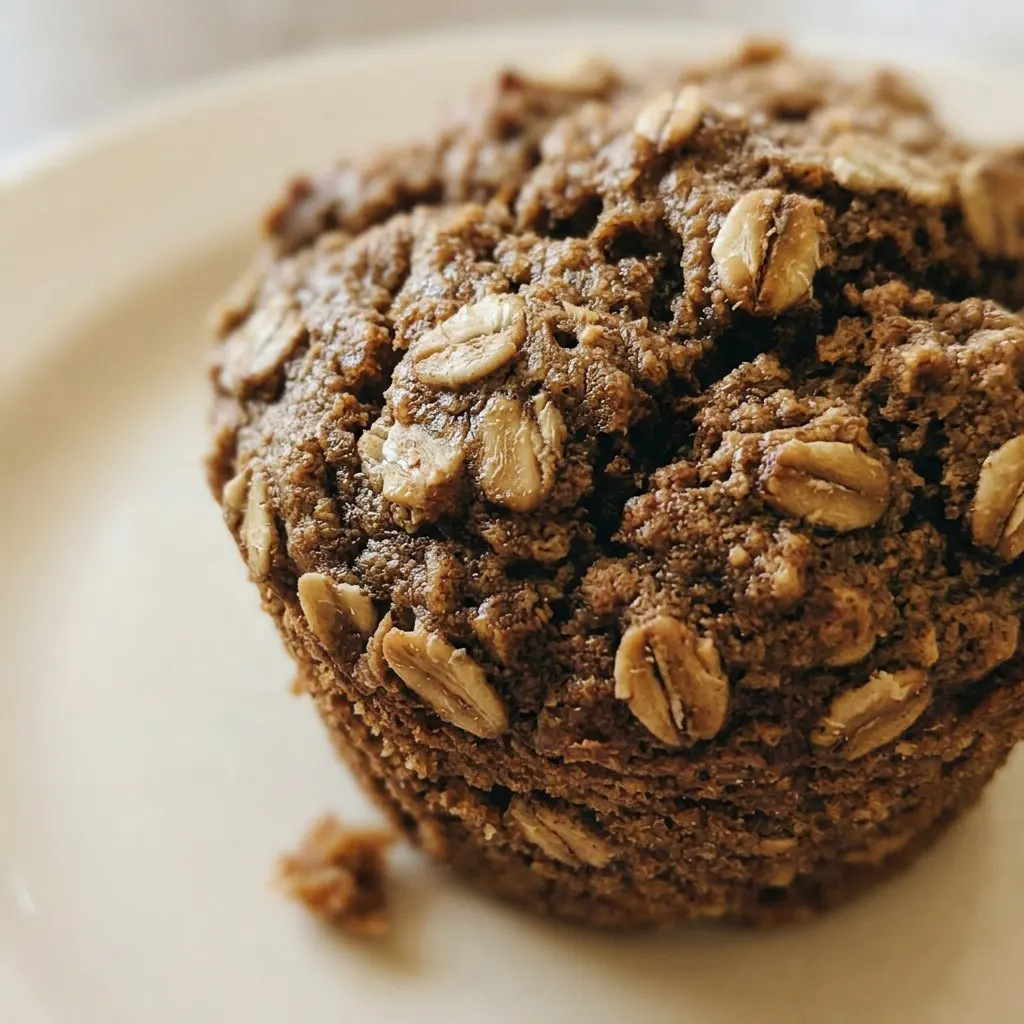 Macro detail of a muffin's golden-brown top studded with rolled oats and walnut bits, banana slice in center.