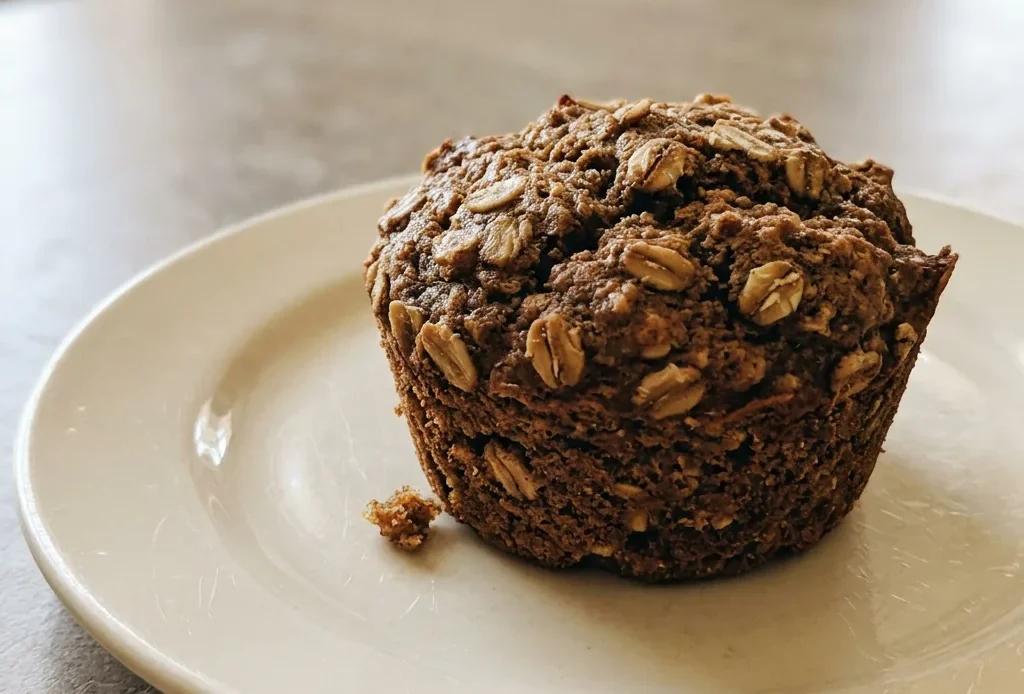 Top-down look at a banana oatmeal muffin with oat and walnut pieces on top, sliced banana visible.