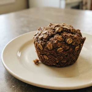 Top-down look at a banana oatmeal muffin with oat and walnut pieces on top, sliced banana visible.