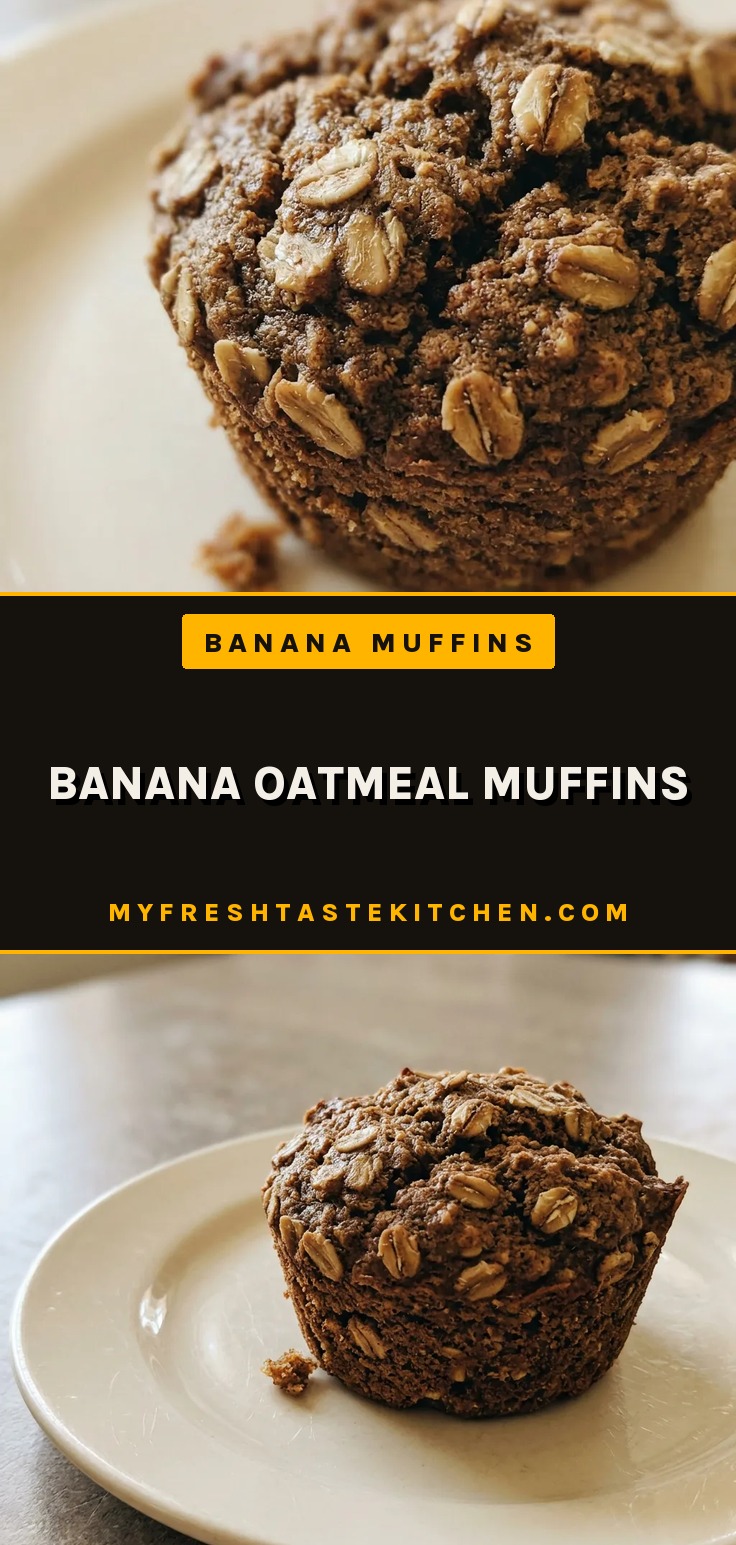 Top-down look at a banana oatmeal muffin with oat and walnut pieces on top, sliced banana visible.
