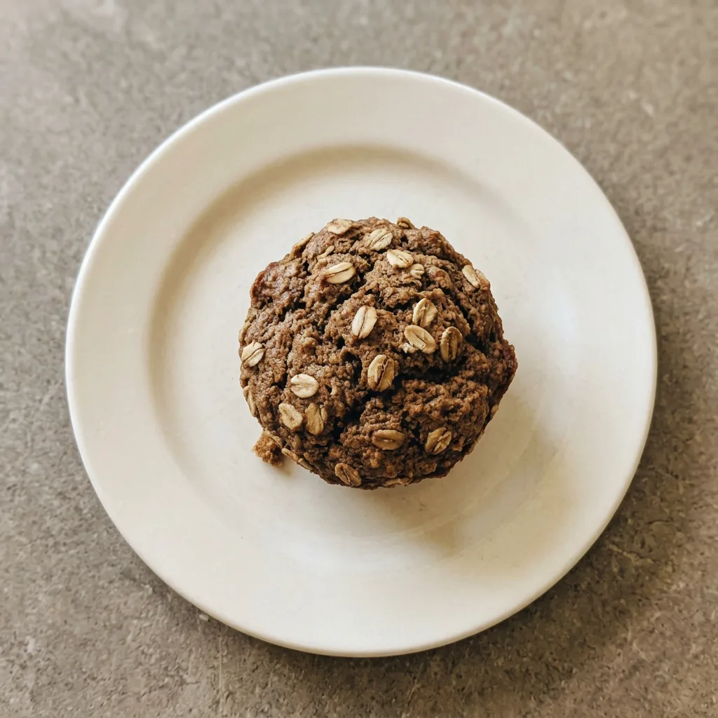 A serving of muffin with oats and walnuts on top, sliced banana, and a drizzle of maple syrup.