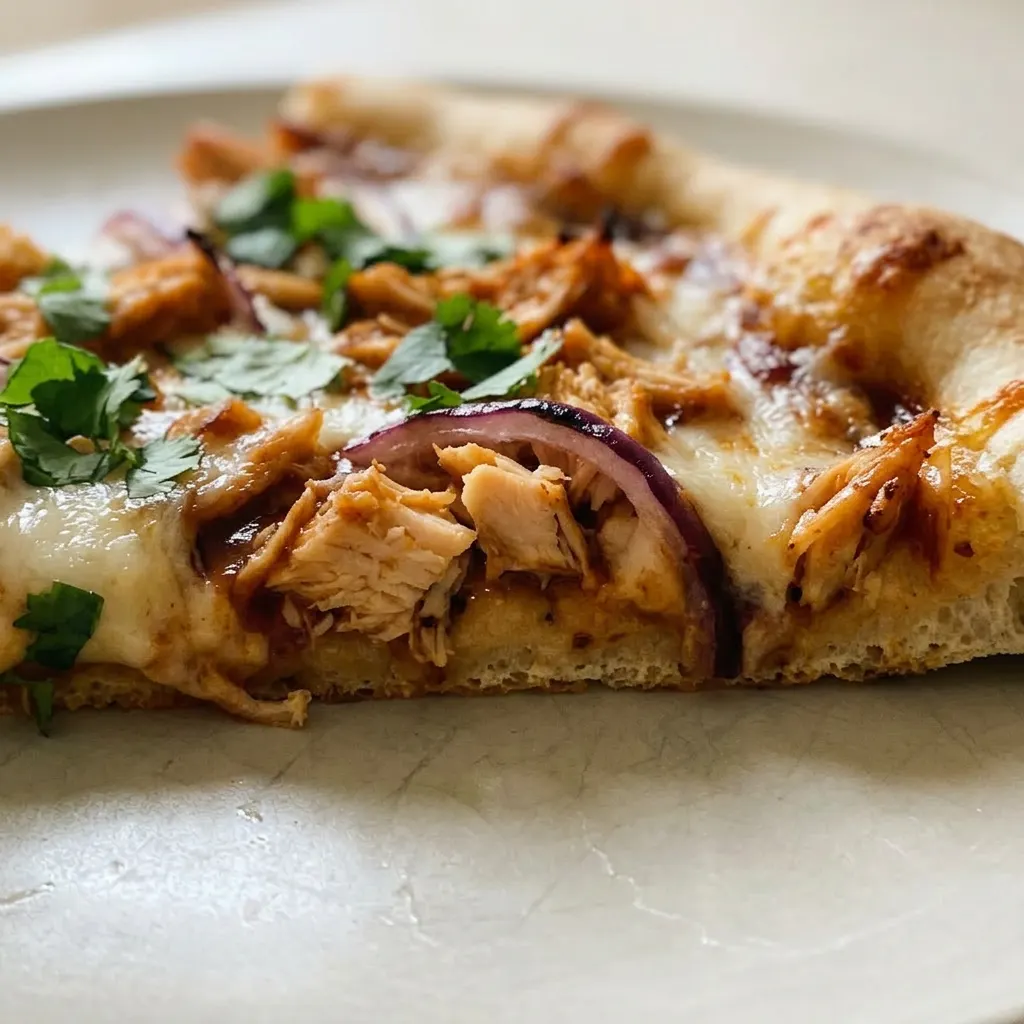 Up close, a slice of pizza with melted mozzarella, shredded chicken, red onion, and cilantro on BBQ sauce.