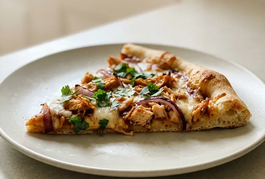 Looking down at a round pizza with BBQ sauce, shredded chicken, mozzarella, red onion, and cilantro.