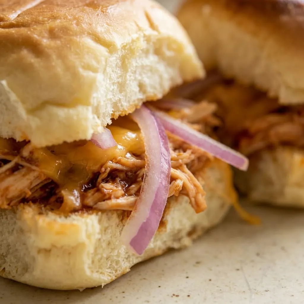 Up close, a slider with pulled chicken, glossy BBQ sauce, melted cheddar, and red onion on a golden sweet roll.