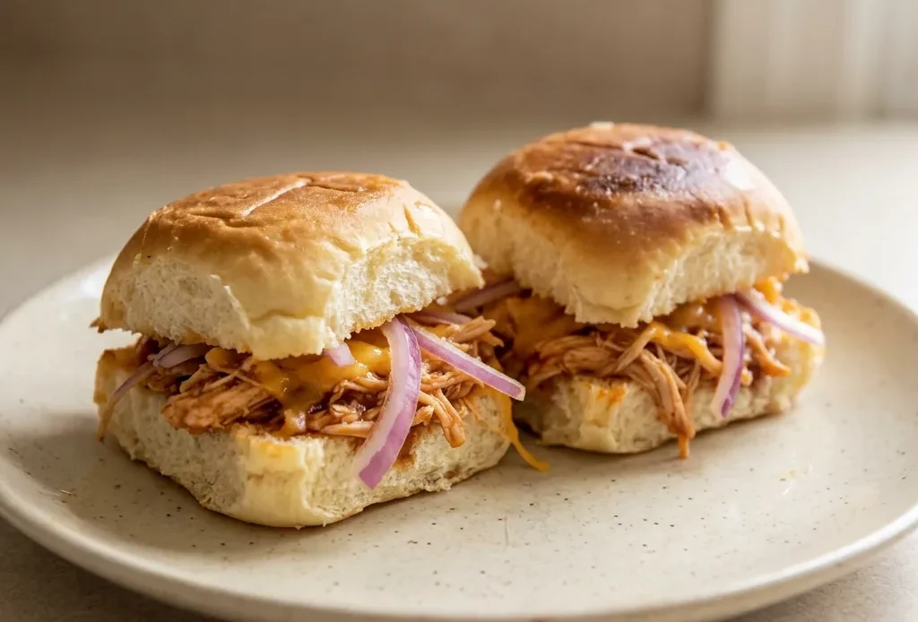 Looking down at three sliders on sweet rolls, topped with shredded chicken, BBQ sauce, melted cheddar, and red onion rings.