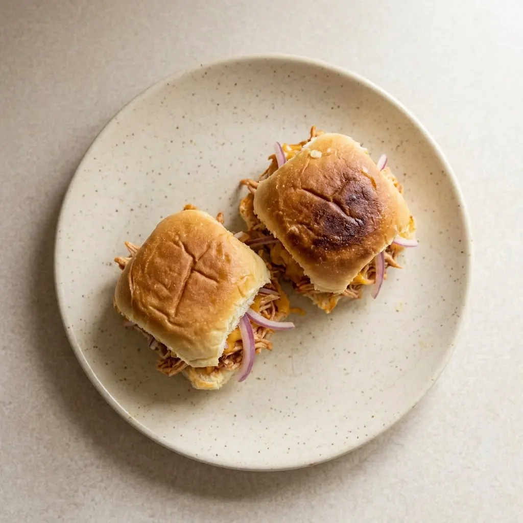 A plate of four sliders with chicken, BBQ sauce, cheddar cheese, and red onion on sweet rolls.