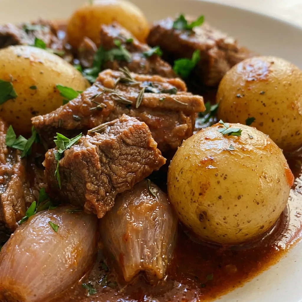 Zoomed in on a spoonful of tender beef and potato in rich tomato broth.