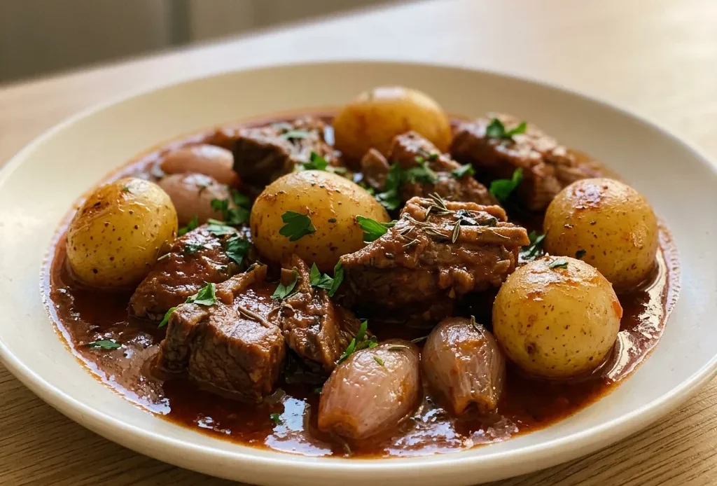 Bird's-eye view of stew with beef chunks, potato wedges, and shallots in thick broth.