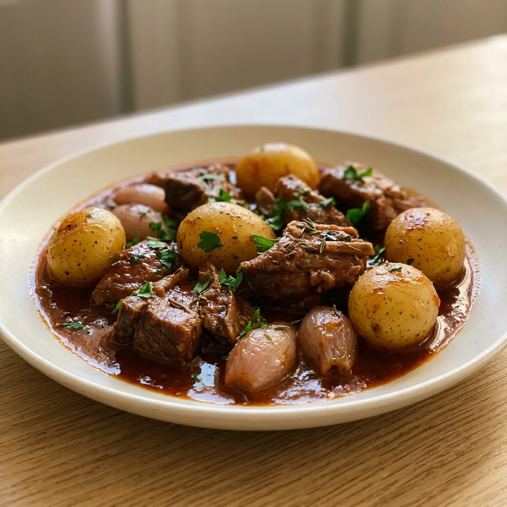 Bird's-eye view of stew with beef chunks, potato wedges, and shallots in thick broth.