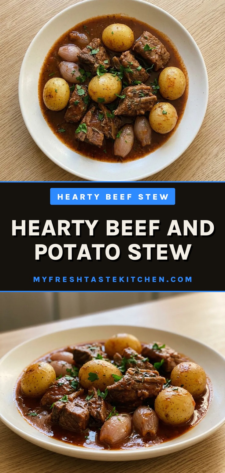 Hearty beef and potato stew with beef chuck, potatoes, and shallots in a rich broth.