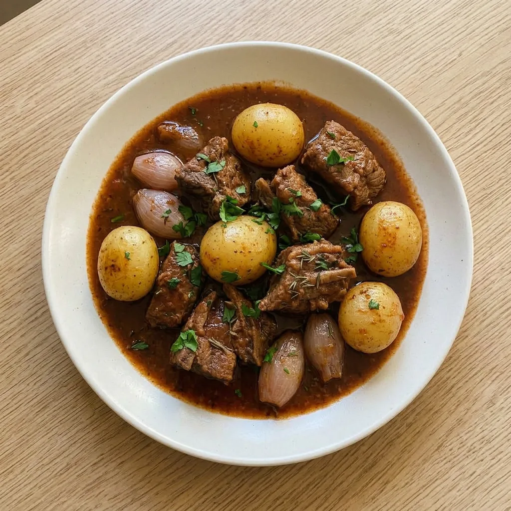 Ready to serve: beef stew with potatoes and shallots in a deep bowl.