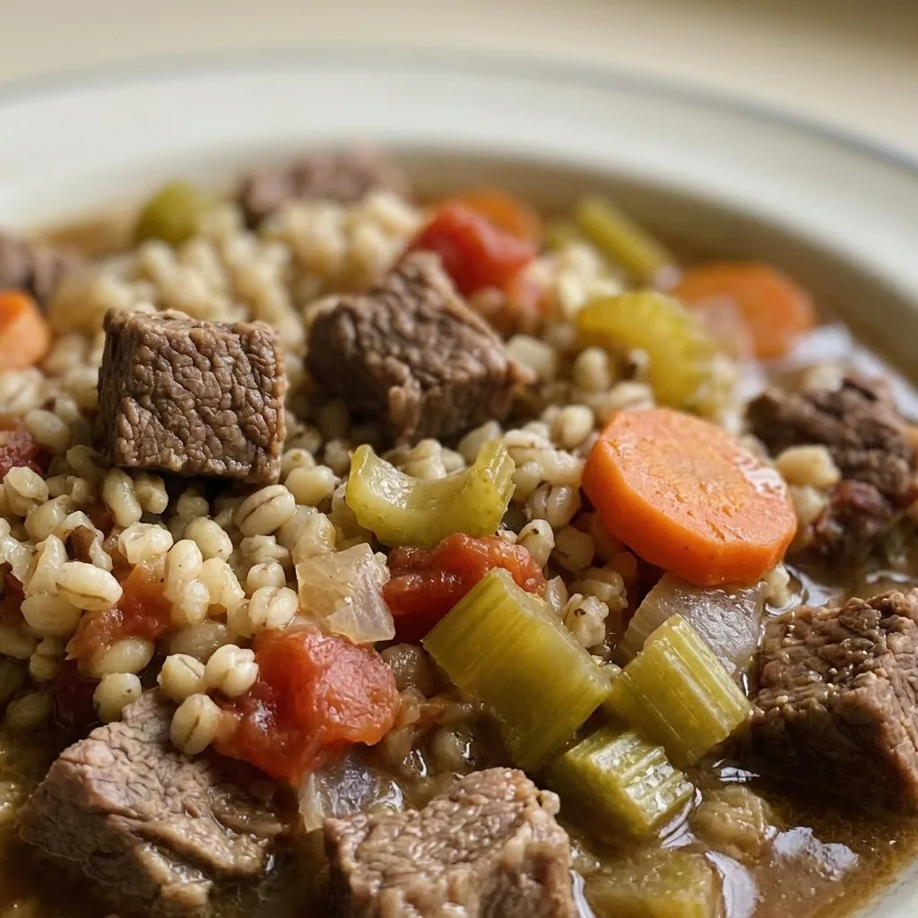 Zoomed in on a spoonful of stew revealing tender beef, barley grains, and diced carrots and celery in a red wine-infused broth.