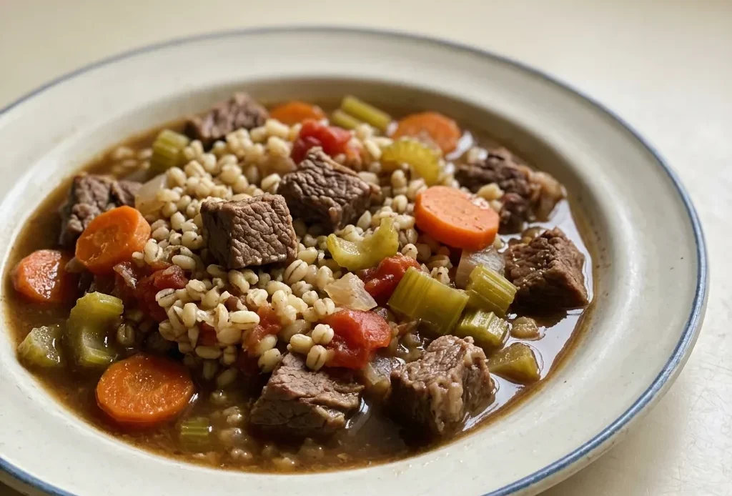 Bird's-eye view of a bowl of beef barley stew with chunks of beef, barley, carrots, celery, and tomatoes in a rich broth.