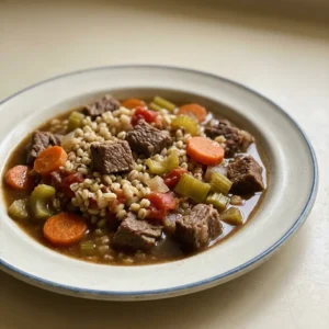 Bird's-eye view of a bowl of beef barley stew with chunks of beef, barley, carrots, celery, and tomatoes in a rich broth.