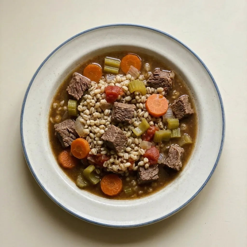 Ready to serve: a hearty bowl of stew filled with beef, barley, carrots, celery, and tomatoes, garnished with fresh parsley.