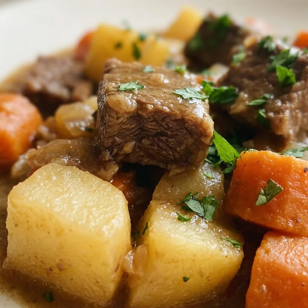 Macro detail of tender beef brisket and carrot chunks in rich brown gravy.