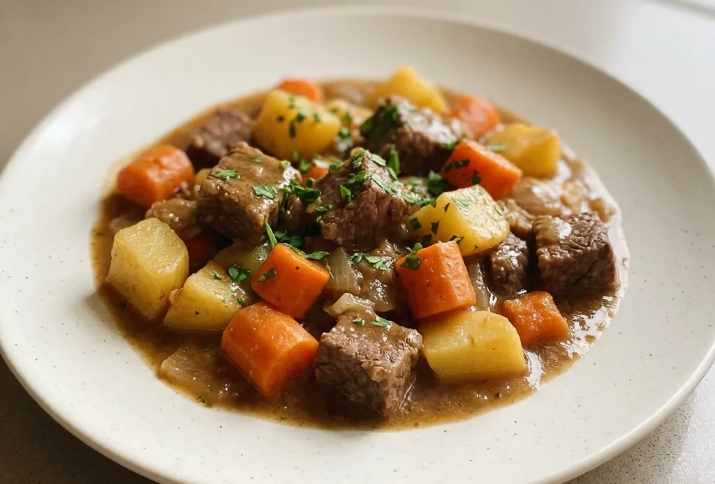 Top-down look at beef brisket stew with carrots, potatoes, and onions in red wine gravy.