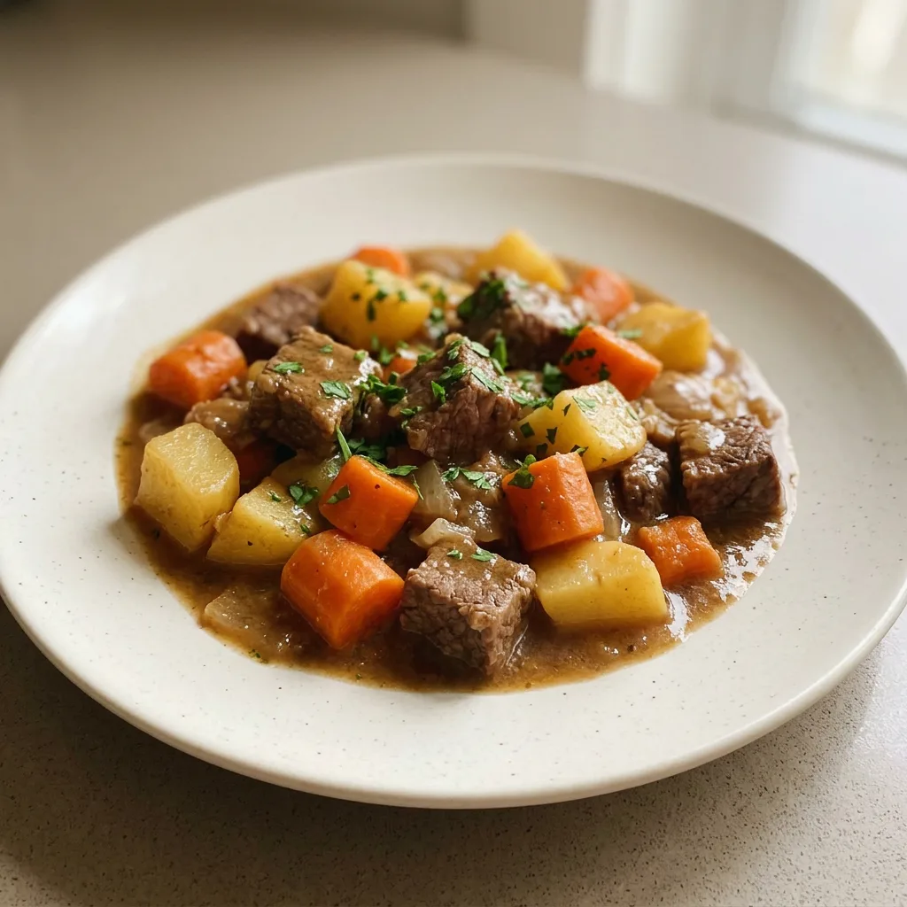 Top-down look at beef brisket stew with carrots, potatoes, and onions in red wine gravy.