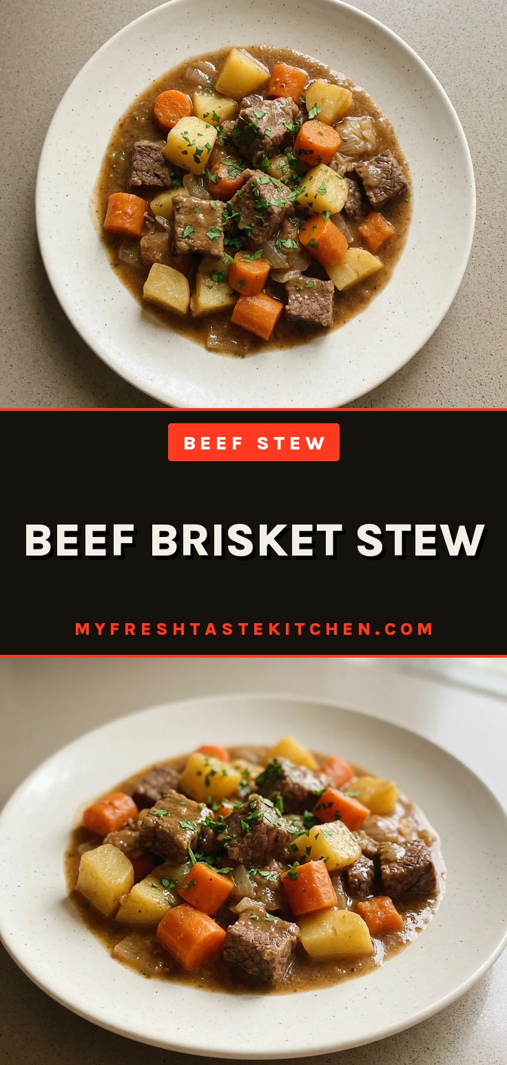 Beef brisket stew with red wine, potatoes, carrots, and onions in a hearty broth.