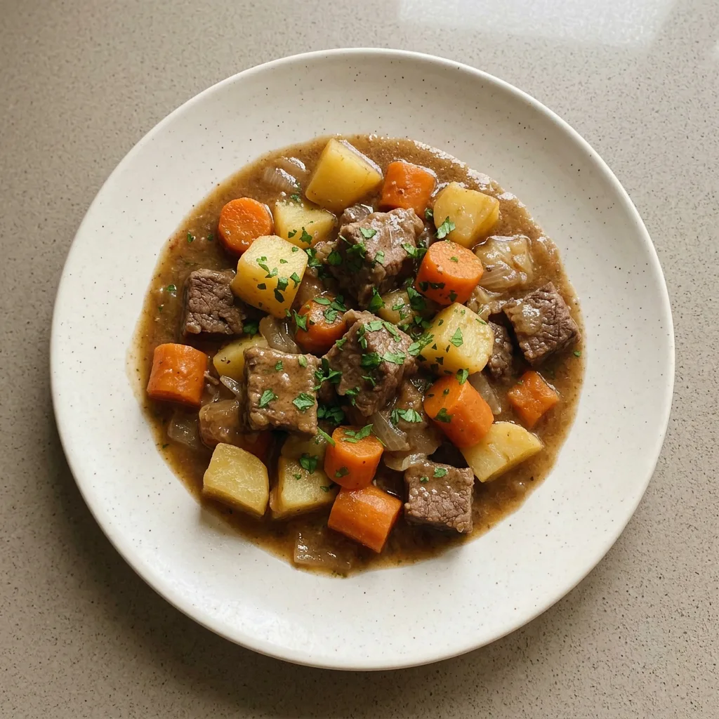 A serving of beef brisket stew with red wine, potatoes, carrots, and onions.