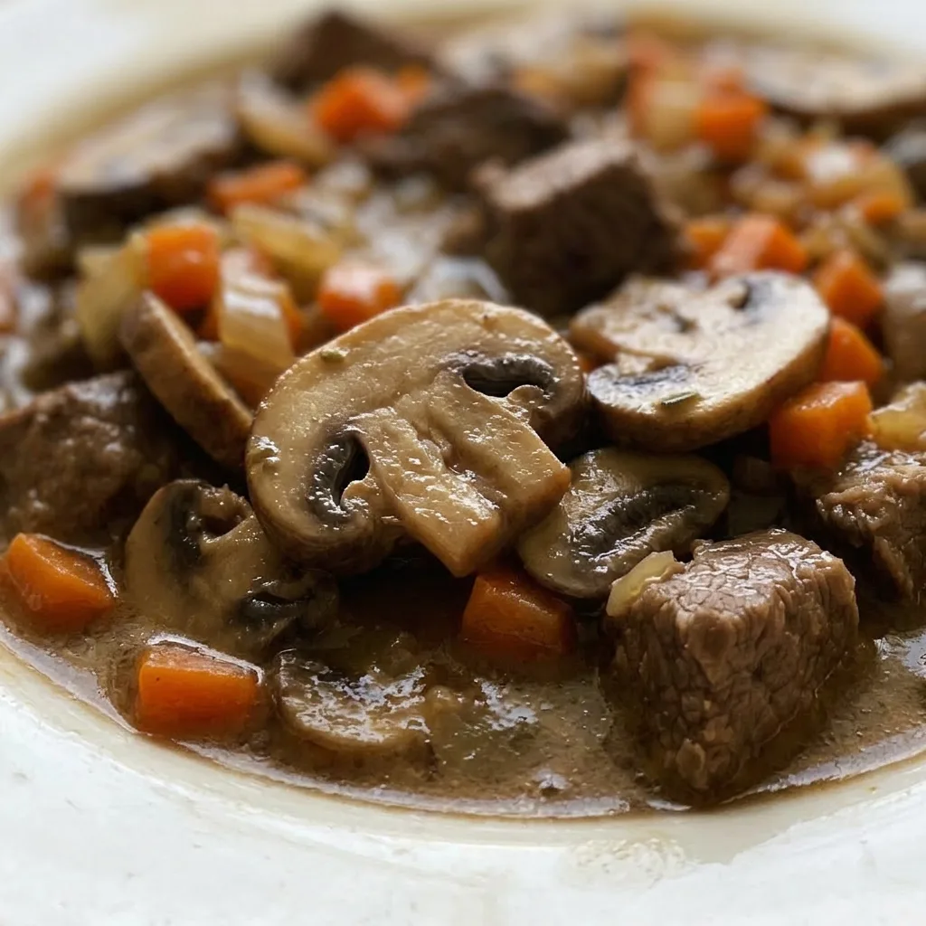 Up close, a spoonful of stew reveals tender beef, sliced mushrooms, and carrot pieces in a rich red wine and beef broth.