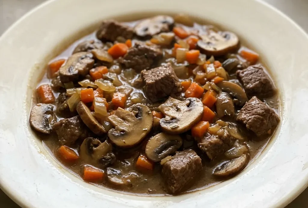 Looking down at a bowl of beef and mushroom stew with chunks of beef, mushrooms, carrots, and onion in a dark broth.