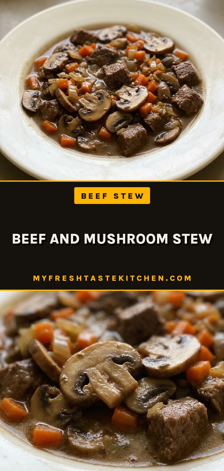 Beef and mushroom stew with chunks of beef chuck roast, mushrooms, carrots, and onion in a dark broth.