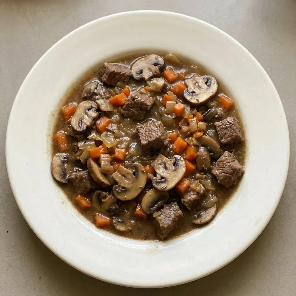 A plate of beef and mushroom stew topped with fresh parsley, with beef, mushrooms, carrots, and onion visible in the sauce.