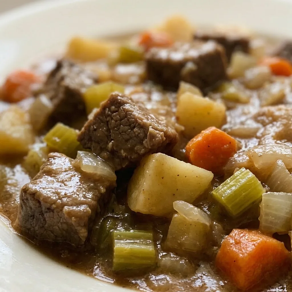 Zoomed in on a spoonful of beef stew showing tender beef, carrots, and potatoes in thick broth.