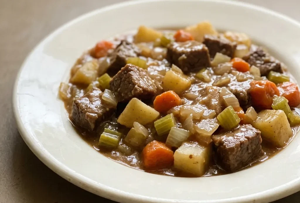 Bird's-eye view of a bowl of beef stew with chunks of beef, potatoes, carrots, celery, and onions in brown broth.