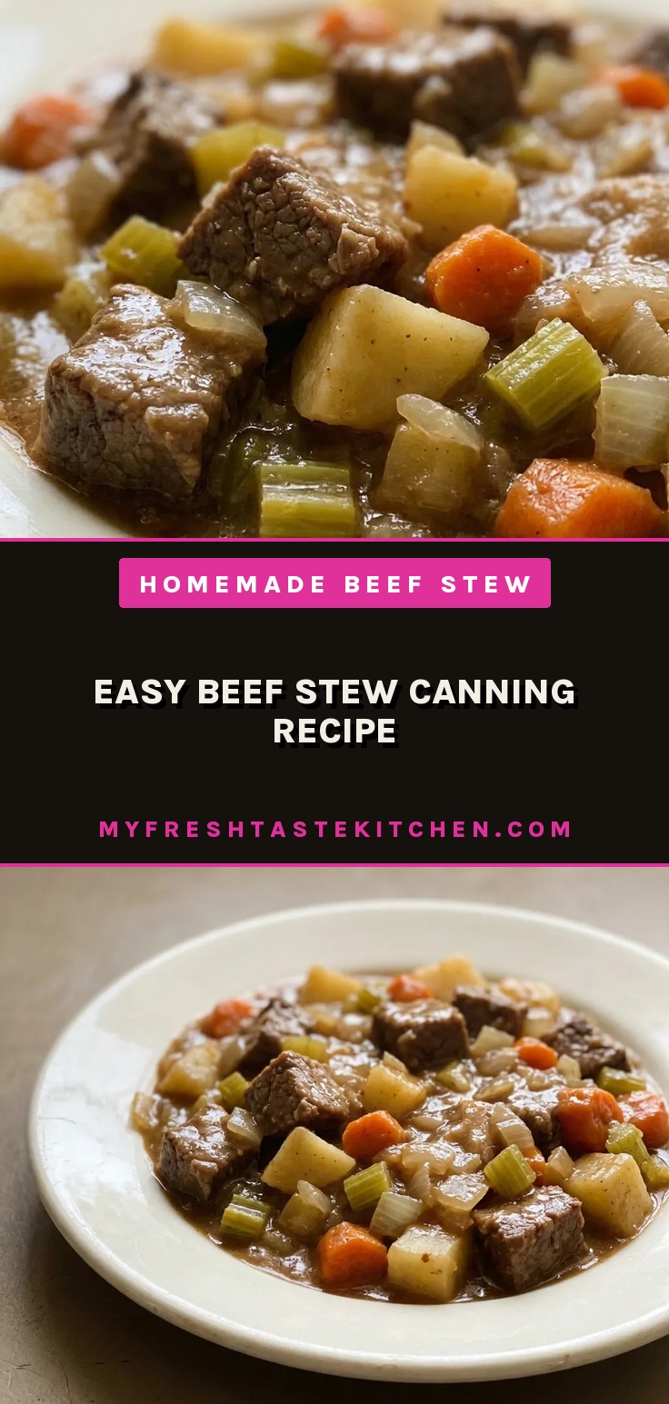 Easy beef stew canning recipe with chunky beef, potatoes, carrots, and celery in broth.