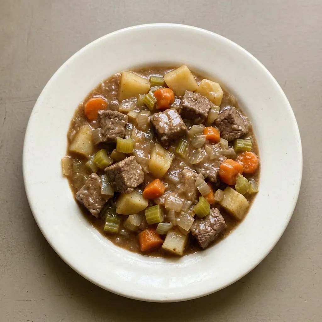 Ready to serve: a bowl of hearty beef stew with visible chunks of beef, potatoes, carrots, celery, and onions.