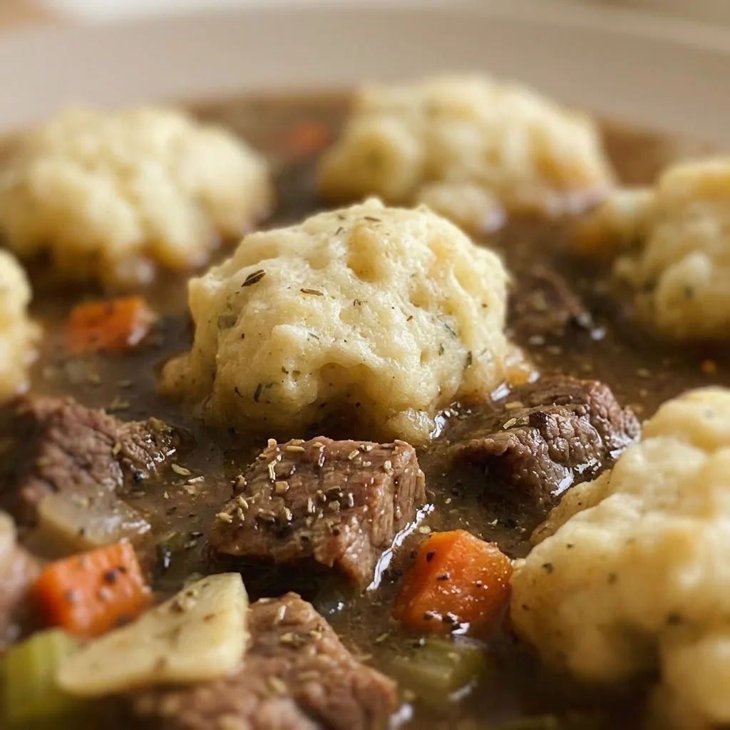 Close view of a beef stew dumpling with visible thyme and bay leaf, surrounded by tender beef and carrots.