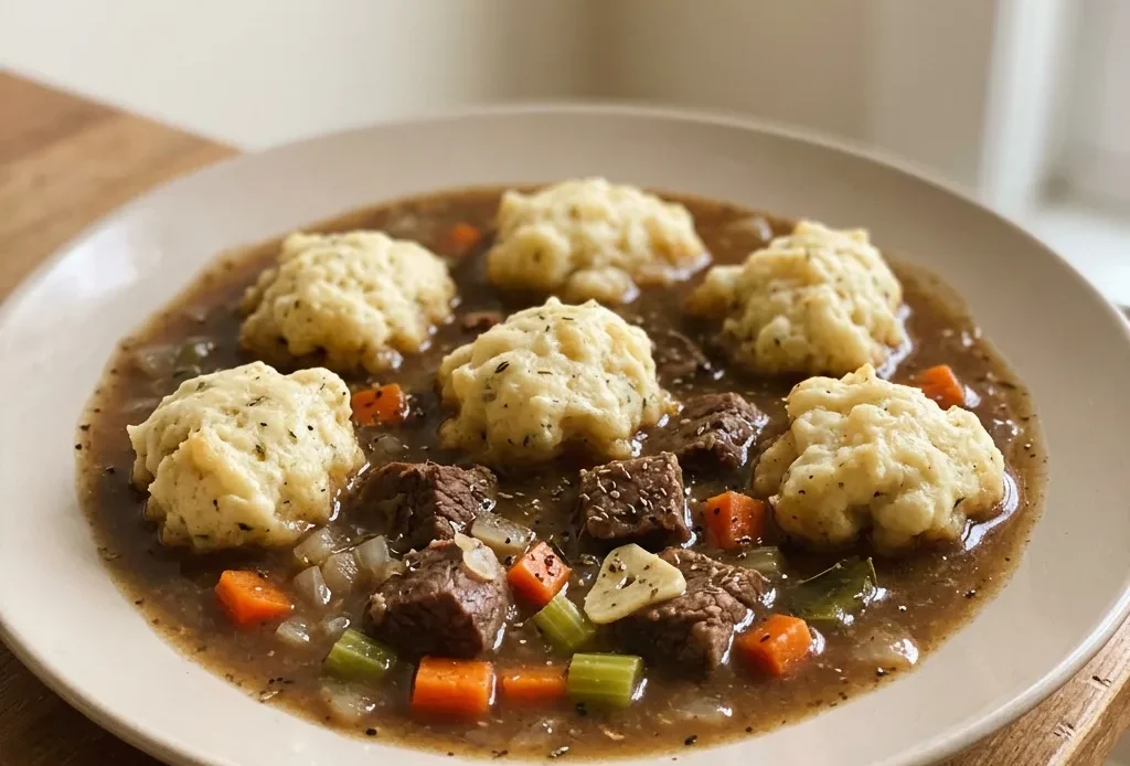 Overhead shot of a bowl of beef stew with dumplings, carrots, celery, and onions in a thick broth.