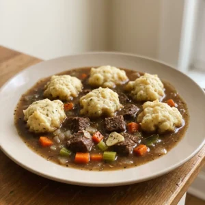 Overhead shot of a bowl of beef stew with dumplings, carrots, celery, and onions in a thick broth.