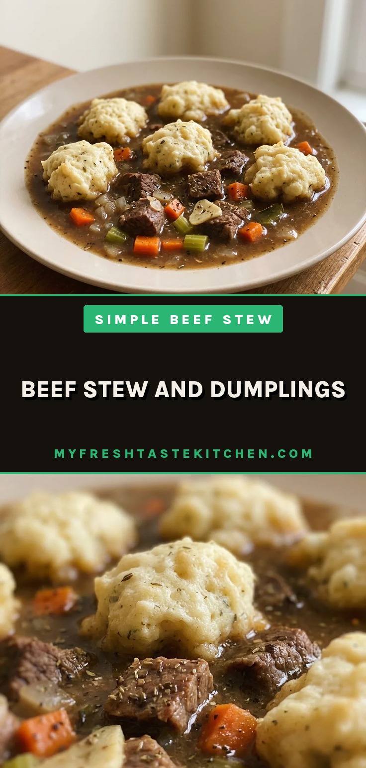 Beef stew and dumplings in a pot, showing beef, carrots, celery, and fluffy dumplings