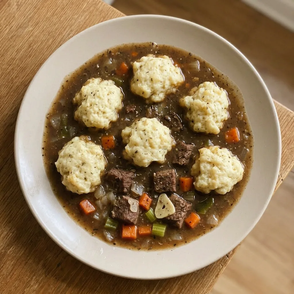 Plated beef stew and dumplings, with Worcestershire-infused gravy, topped with fresh thyme.
