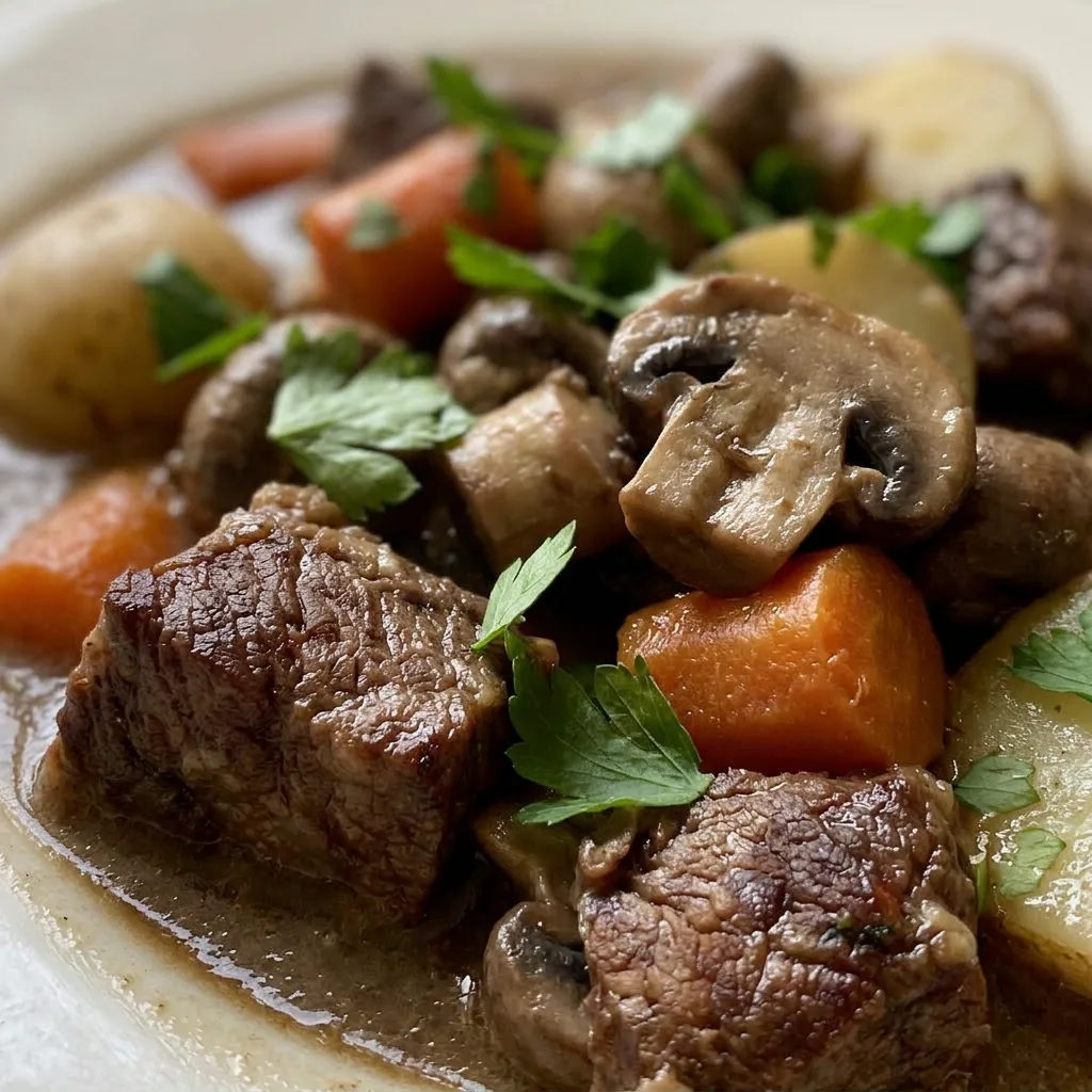 Macro detail of a fork holding a tender beef chunk and mushroom cap, with carrot and potato pieces visible in the thick gravy.