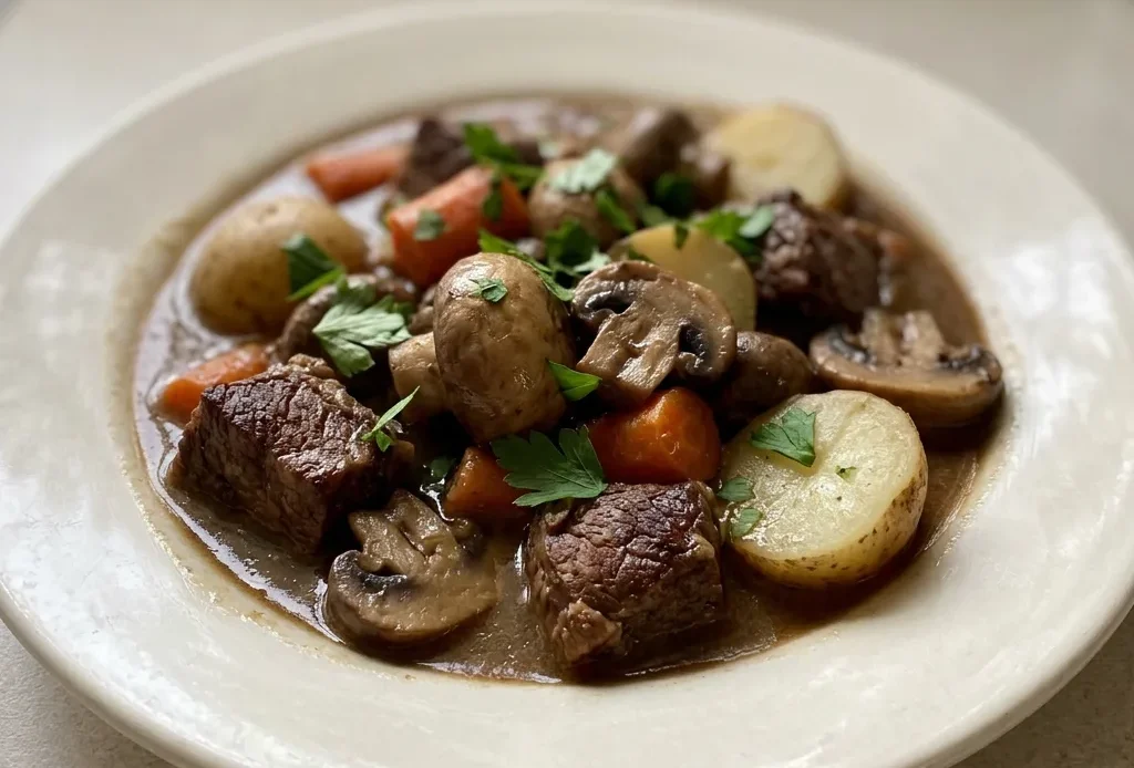 Top-down look at a bowl of beef stew with chunks of beef, mushrooms, carrots, and potatoes in a dark red wine gravy.