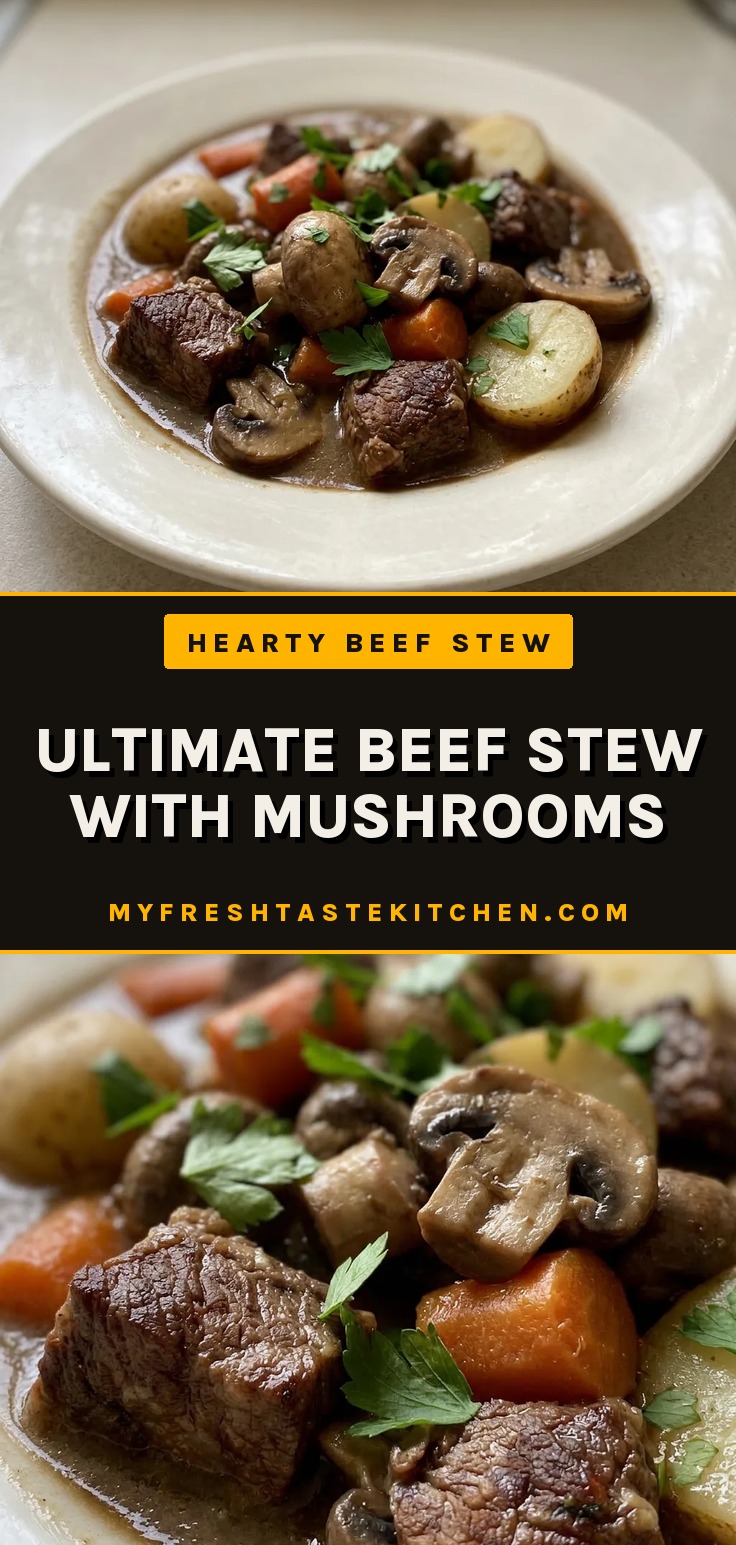 beef stew with mushrooms, red wine, carrots, and potatoes in a thick gravy.