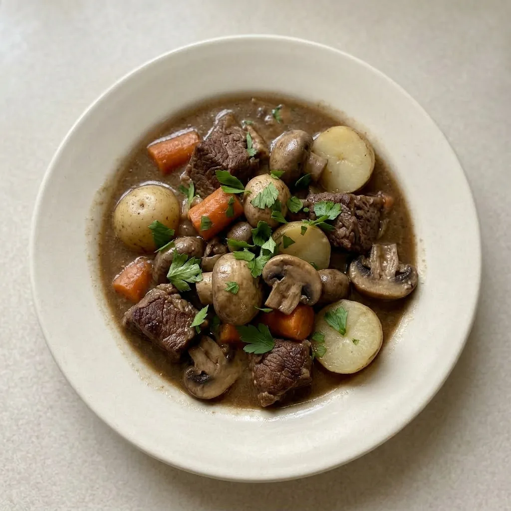 A serving of beef stew in a shallow bowl, showing beef, mushrooms, carrots, and potatoes coated in a glossy red wine sauce.