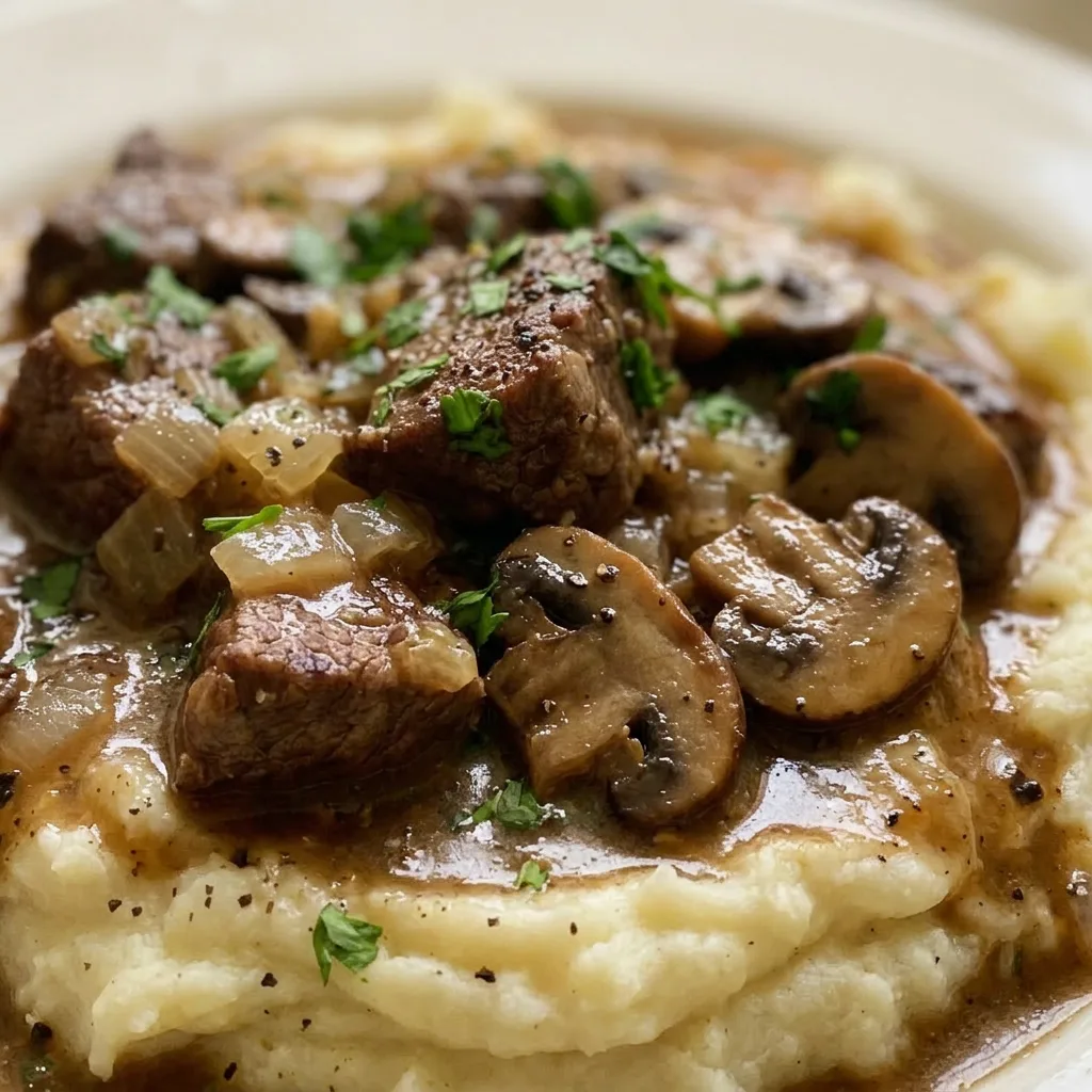 Zoomed in on a forkful of tender beef sirloin tips coated in rich gravy, with sliced mushrooms and onion visible.