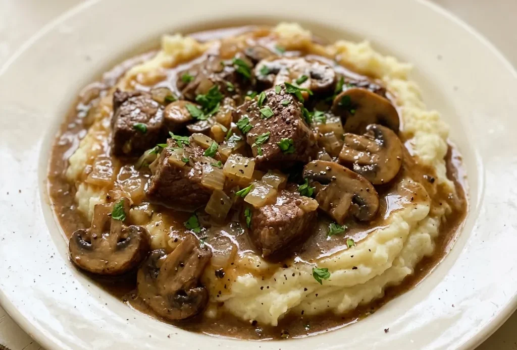Bird's-eye view of beef tips and gravy with mushrooms and onions in a dark sauce, garnished with parsley.