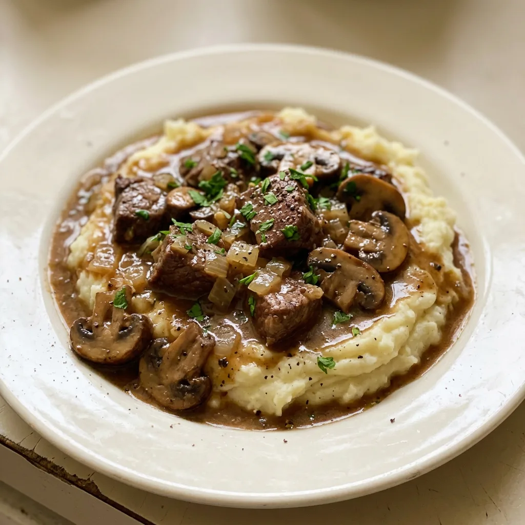 Bird's-eye view of beef tips and gravy with mushrooms and onions in a dark sauce, garnished with parsley.