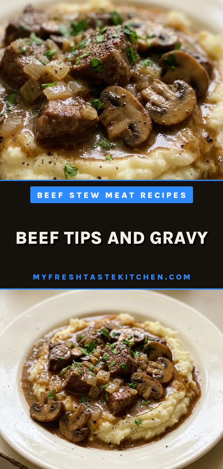 Beef tips and gravy in a skillet with beef sirloin tips, mushrooms, and onion.