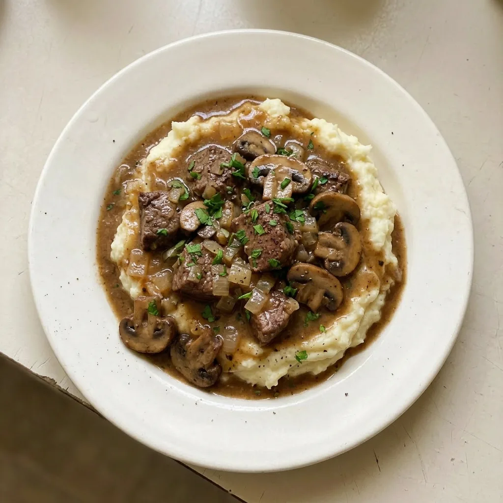 Ready to serve: a portion of beef tips and gravy topped with mushrooms and onions, with a sprinkle of fresh parsley.