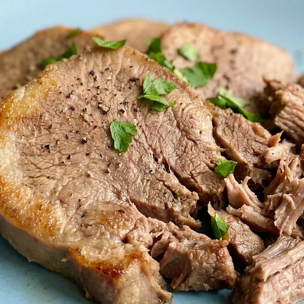 Close view of a slice of beef tongue with a pat of melting butter, garnished with a bay leaf, onion, and celery.
