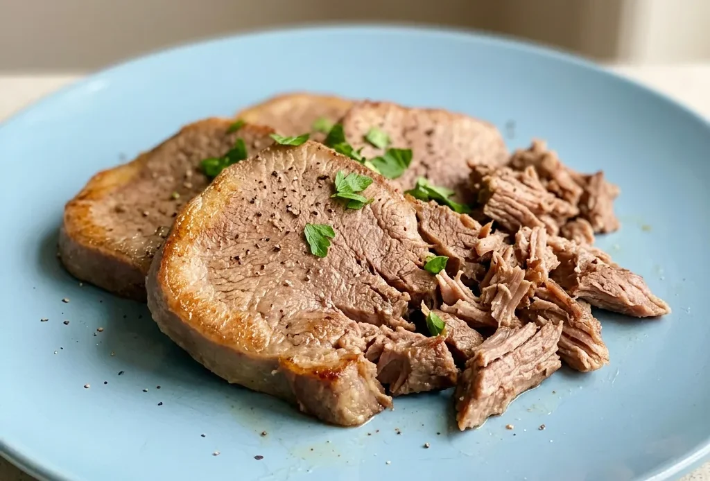 Overhead shot of sliced beef tongue topped with butter, with onion rings, celery sticks, and a bay leaf around it.